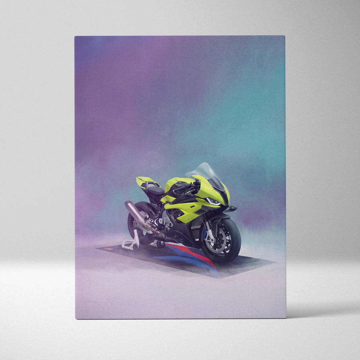 Vibrant lime green and black BMW S1000RR inspired sport bike digital canvas print for modern garage decor