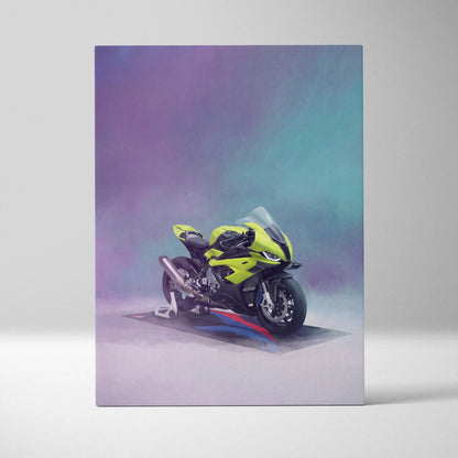 Vibrant lime green and black BMW S1000RR inspired sport bike digital canvas print for modern garage decor