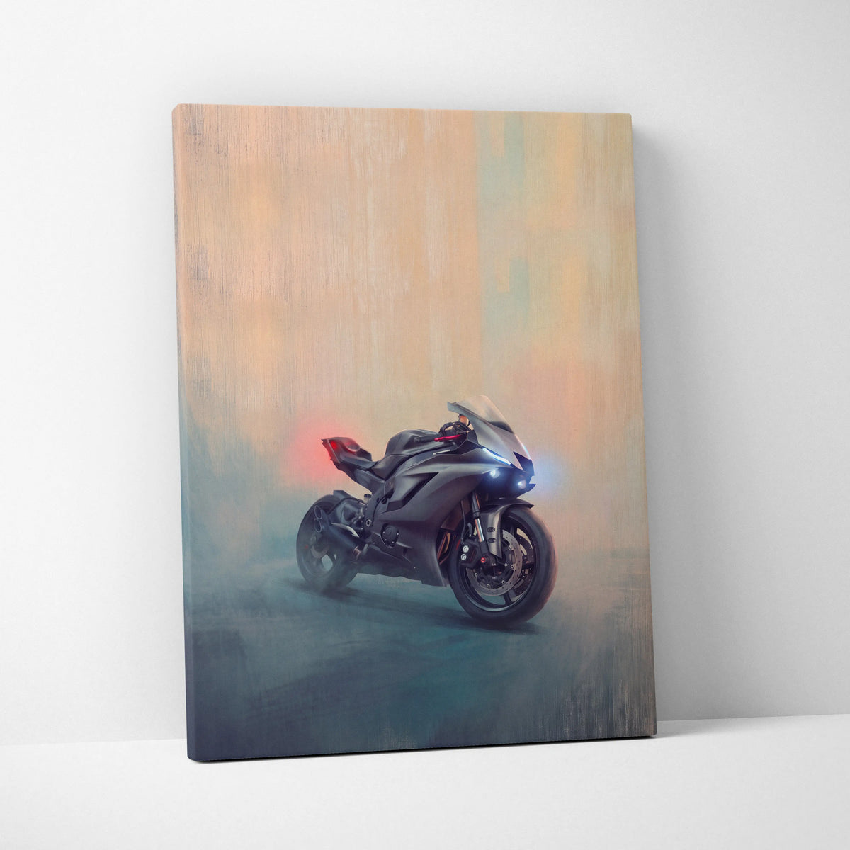 Yamaha r6 inspired motorcycle wall art showing a sleek black and red sport bike with glowing blue headlights on canvas