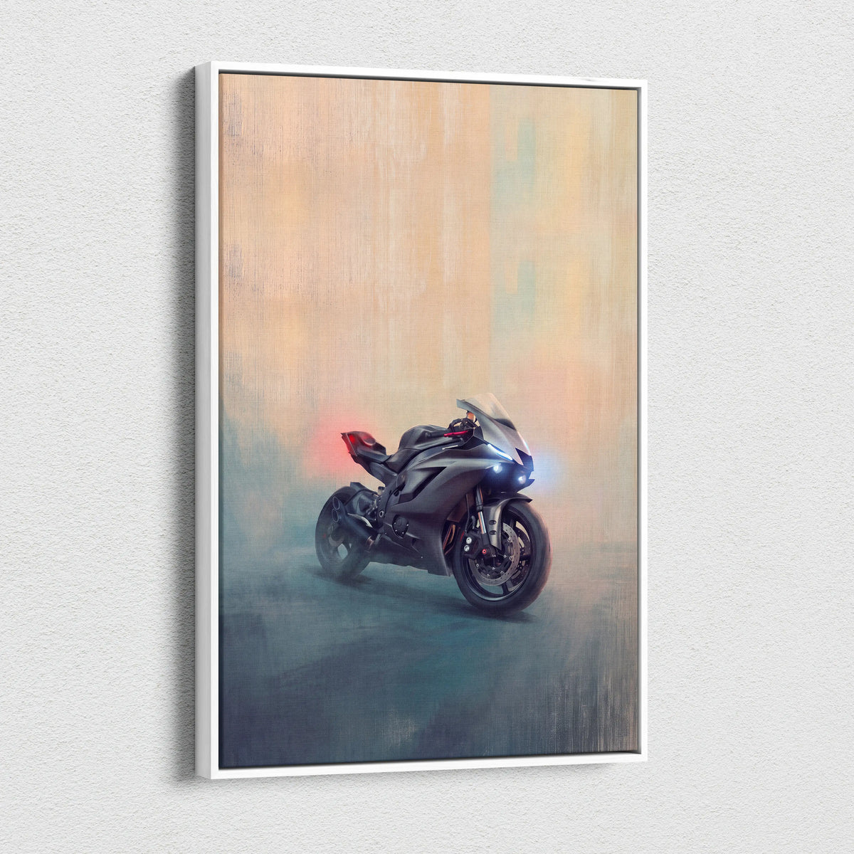 A sleek matte black and red Yamaha R6 inspired sport motorcycle wall art on carbon fiber poster with glowing headlights