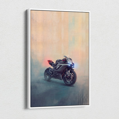 A sleek matte black and red Yamaha R6 inspired sport motorcycle wall art on carbon fiber poster with glowing headlights