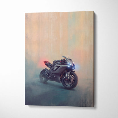 Black and red Yamaha R6 inspired sport motorcycle wall art in stylized canvas with carbon fiber texture rider gift