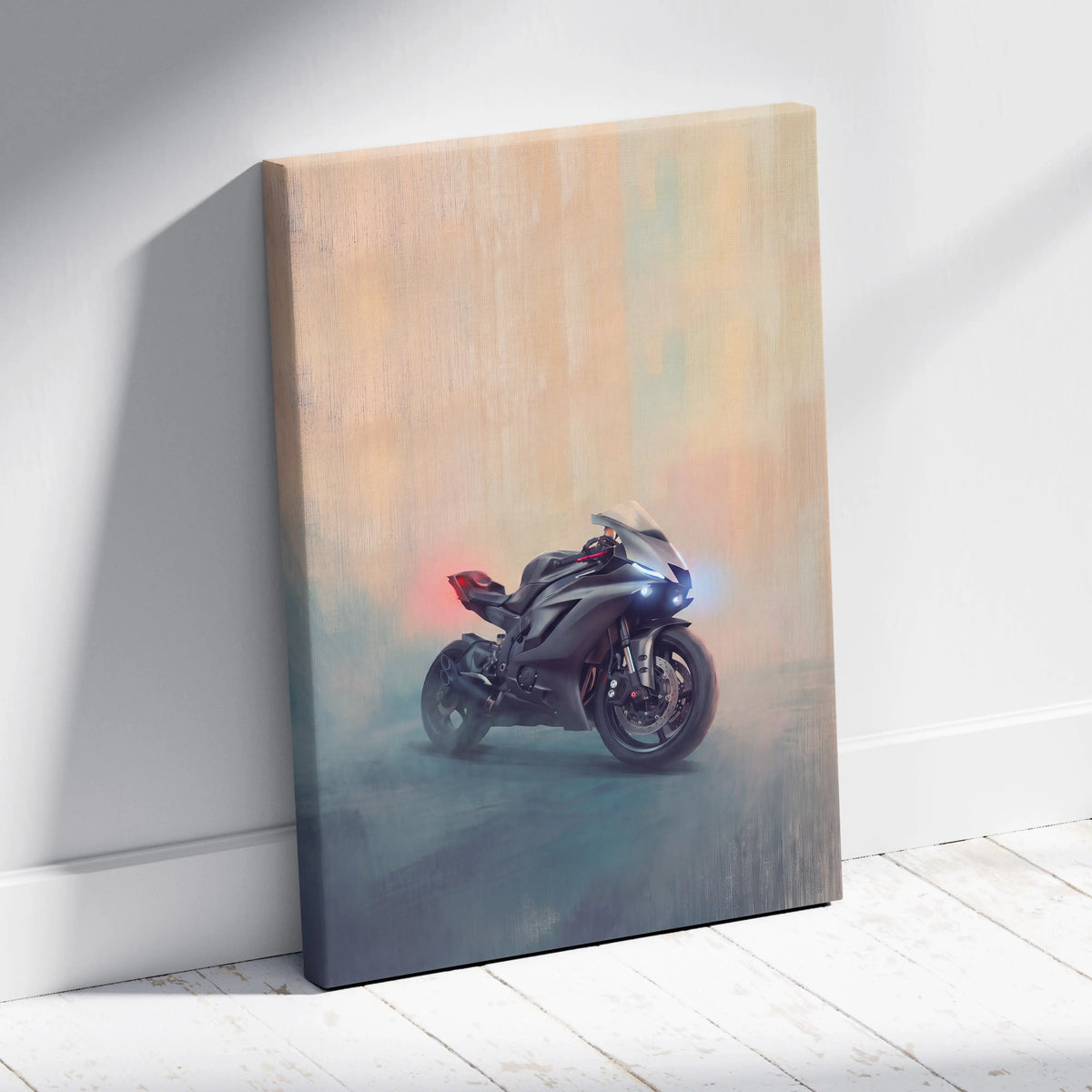 Black and red Yamaha r6 inspired sport motorcycle canvas print with sleek aerodynamic design and glowing headlights