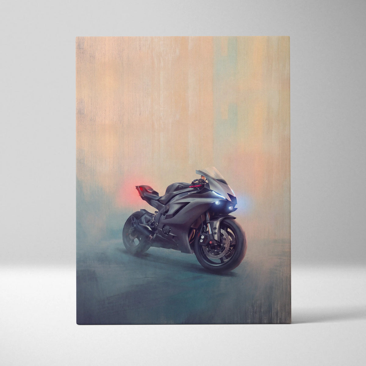Yamaha R6 inspired wall art featuring a black and red sport motorcycle with carbon fiber design for rider gifts