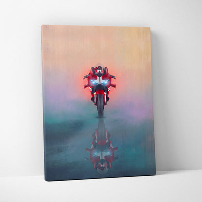 Ducati Panigale V4 inspired red and white motorcycle canvas art with glowing headlights and mirrored reflection