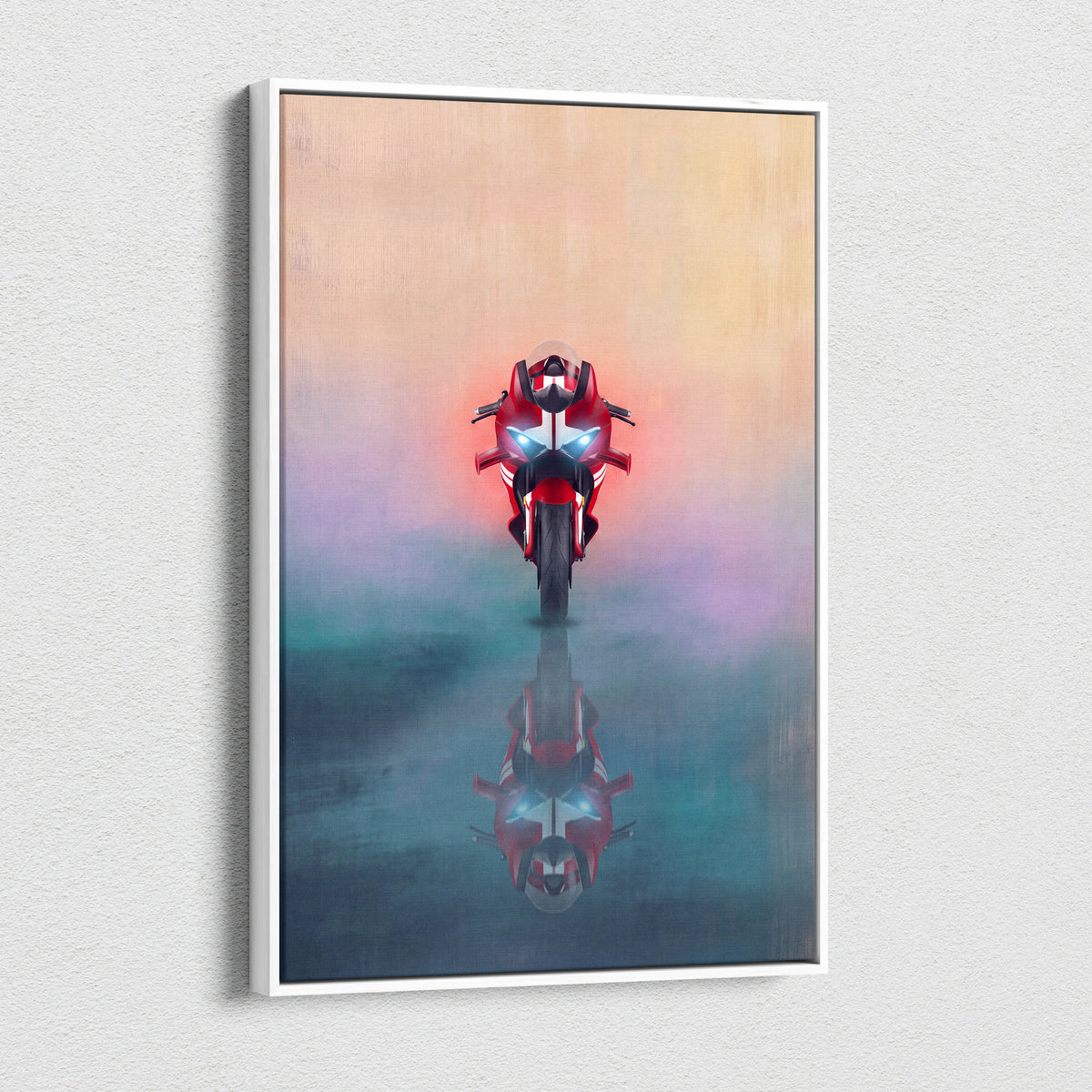 Red and white Ducati Panigale V4 inspired motorcycle canvas art in a sleek white frame for racing bike decor