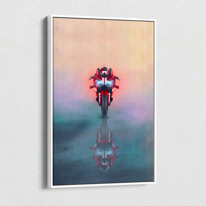 Red and white Ducati Panigale V4 inspired motorcycle canvas art in a sleek white frame for racing bike decor