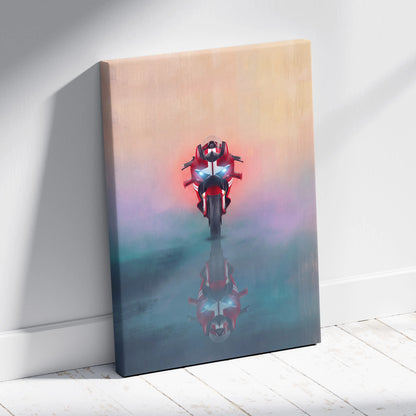 Ducati Panigale V4 inspired red and black motorcycle canvas art with glowing headlights for racing bike decor