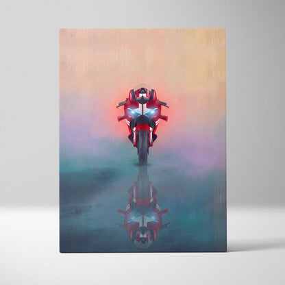 Red and white ducati panigale v4 inspired supersport motorcycle canvas art with glowing blue headlights for racing decor