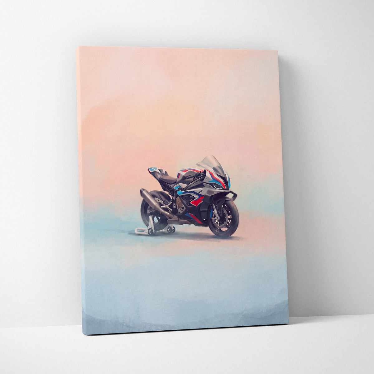 A canvas print of a black and red bmw m1000rr inspired motorcycle with blue accents on a gradient background