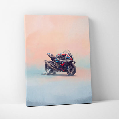 A canvas print of a black and red bmw m1000rr inspired motorcycle with blue accents on a gradient background
