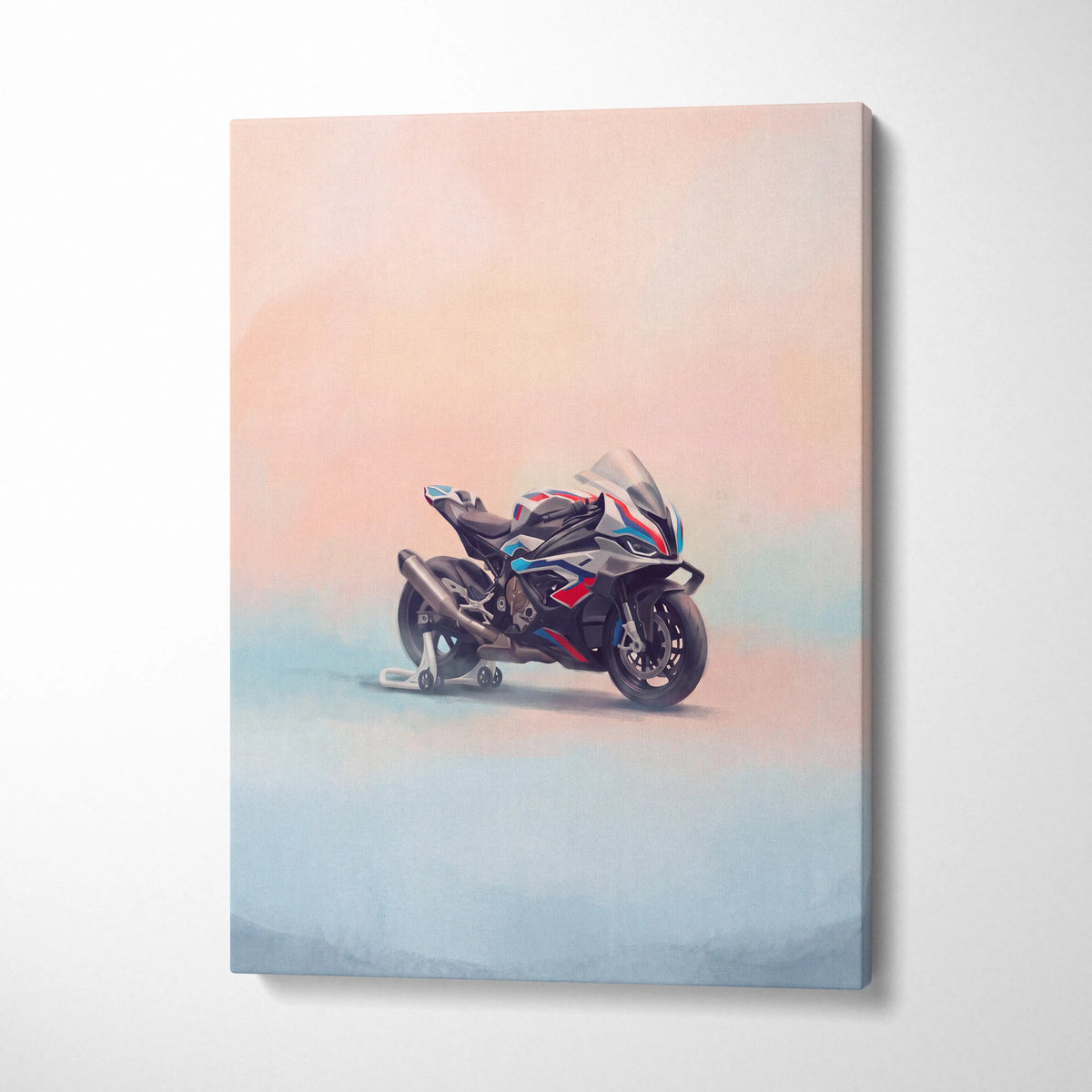 A sleek black and blue bmw m1000rr inspired motorcycle with red accents painted on canvas for track day garage decor