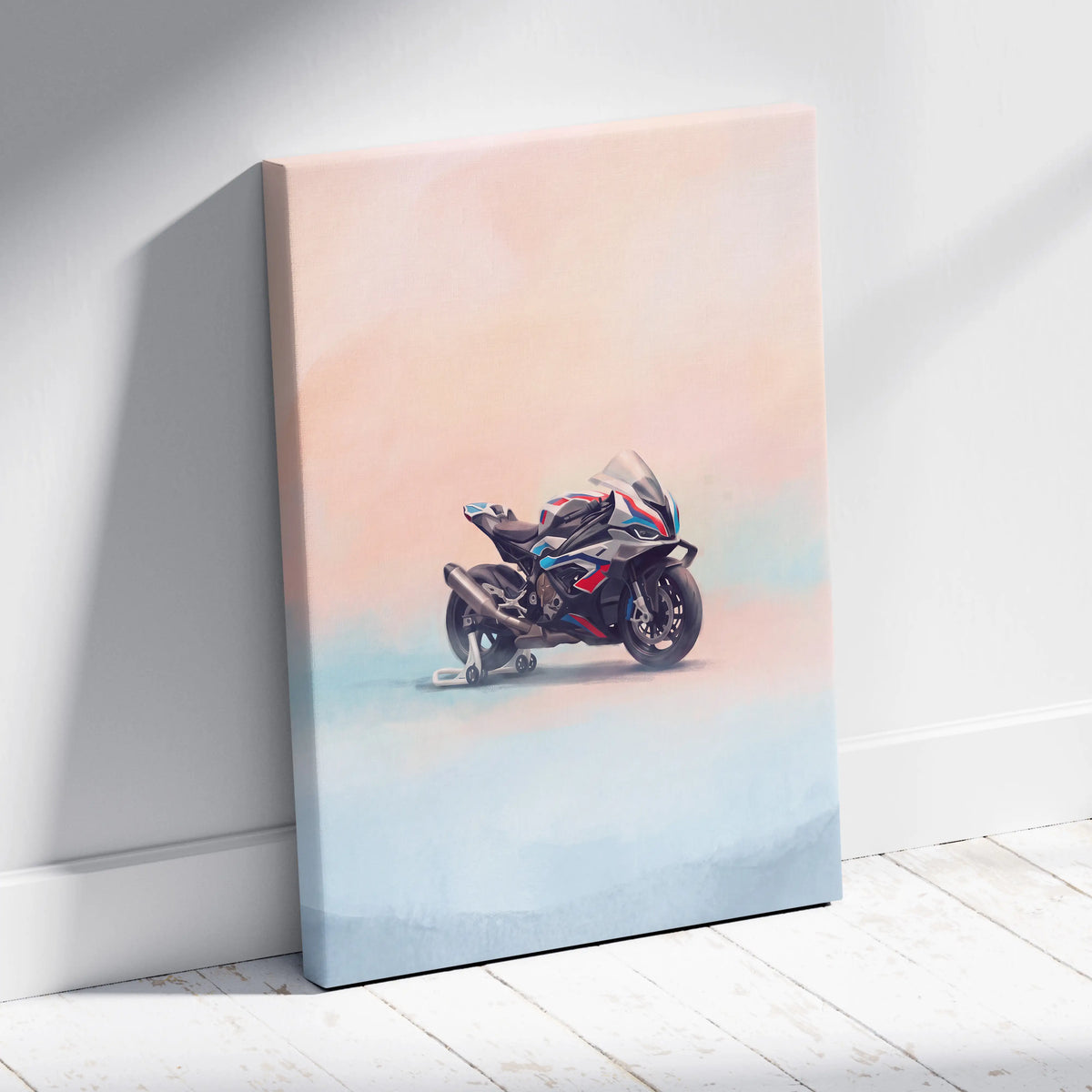 Bmw m1000rr inspired canvas print of a sleek black and blue motorcycle with red accents for garage decor