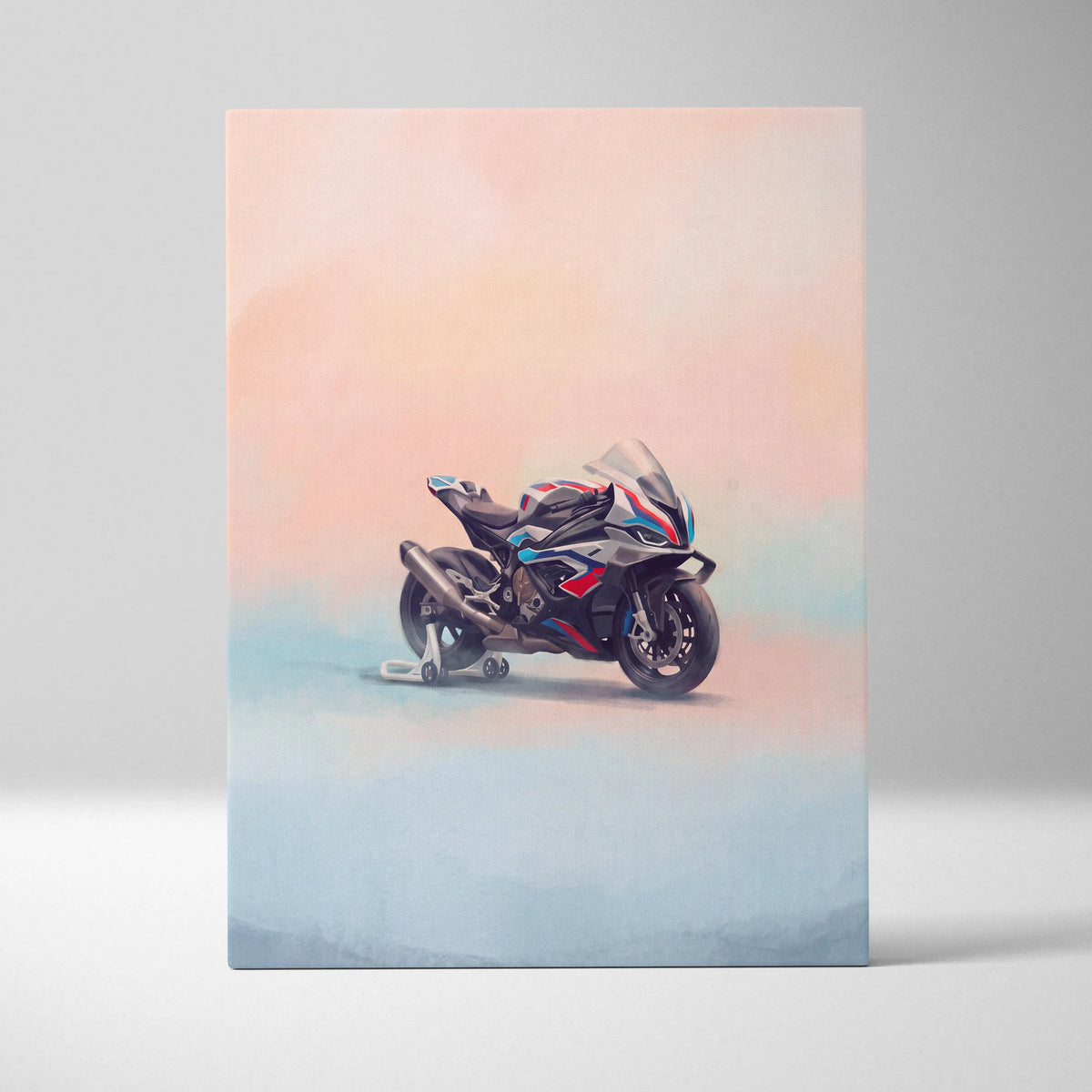 A sleek black white BMW M1000RR inspired racing motorcycle wall art with red blue and silver accents on canvas