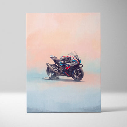 A sleek black white BMW M1000RR inspired racing motorcycle wall art with red blue and silver accents on canvas