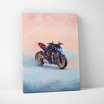 Black and gold ducati streetfighter v4 canvas print with glowing blue headlights on pink and blue gradient sky background