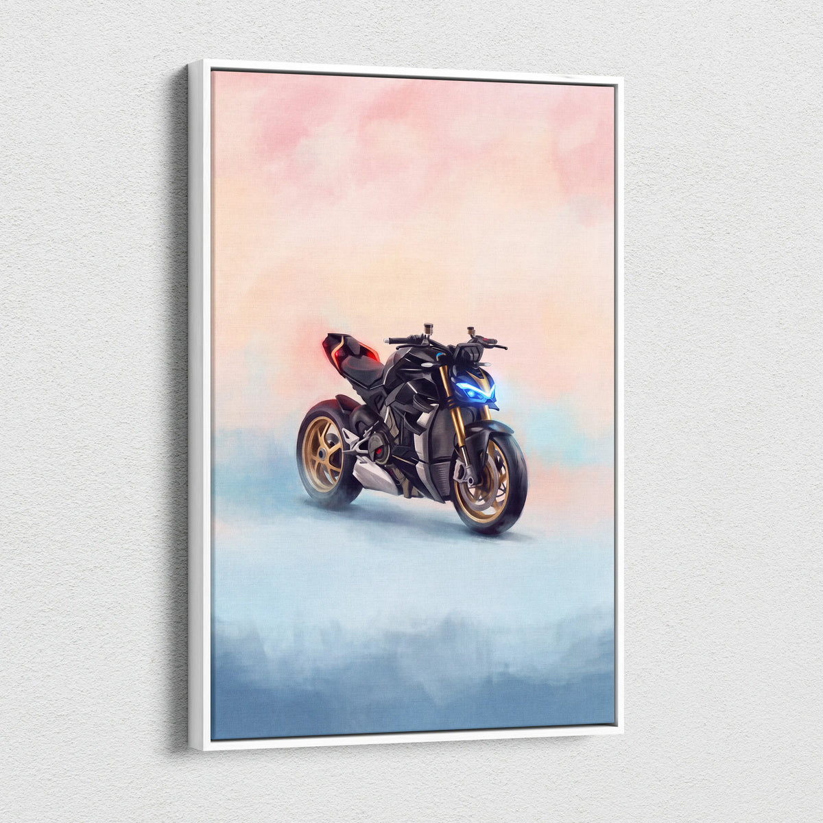 Black and gold ducati streetfighter v4 inspired hypernaked motorcycle illustration in white frame luxury garage wall art