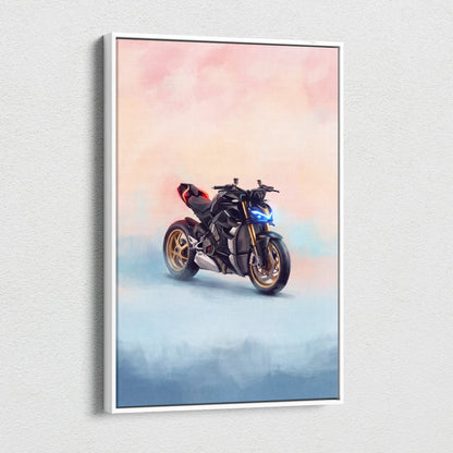 Black and gold ducati streetfighter v4 inspired hypernaked motorcycle illustration in white frame luxury garage wall art