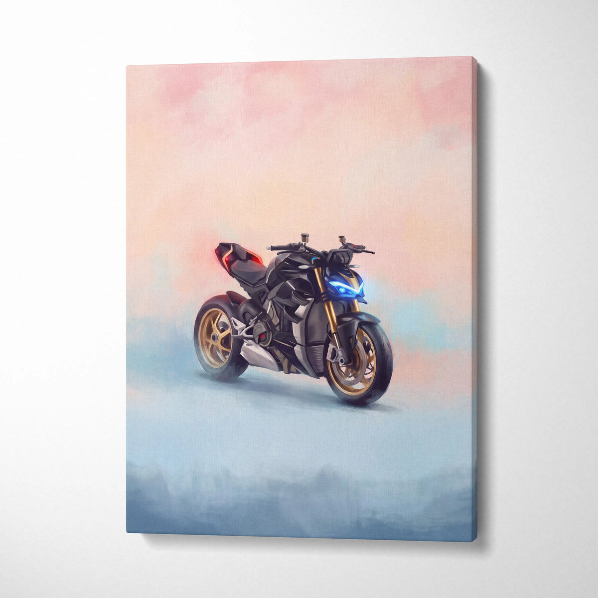 Ducati Streetfighter V4 inspired supersport canvas wall art featuring black and red motorcycle with blue headlights and gold rims