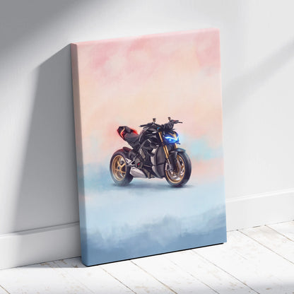 Black and gold ducati streetfighter v4 canvas print with glowing blue headlights on pink and blue watercolor background