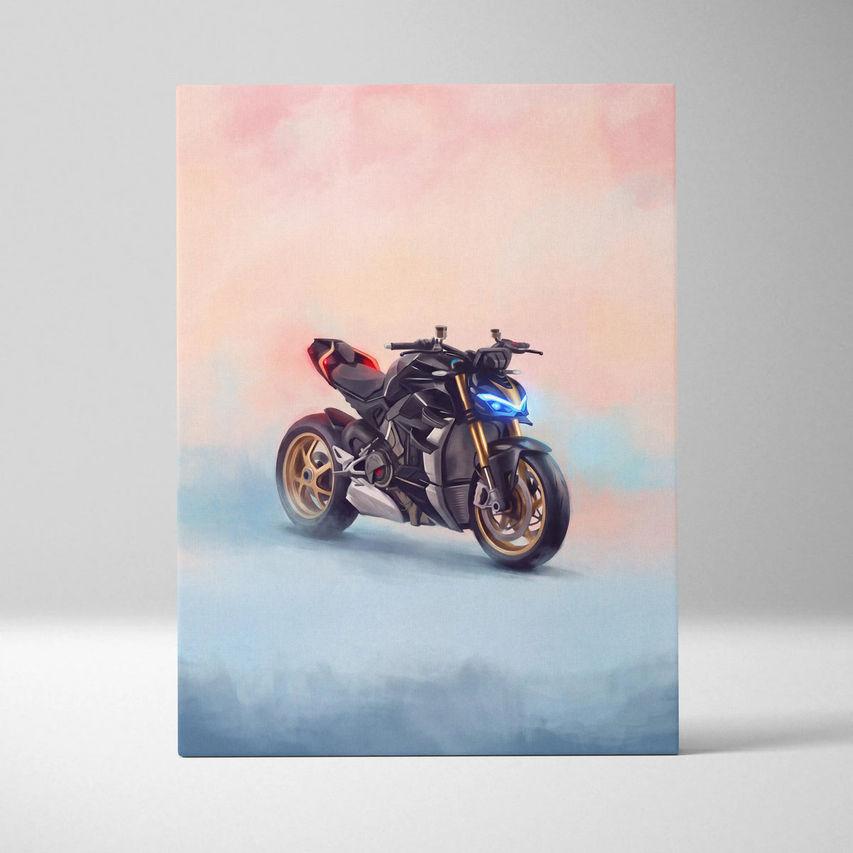 Stylized watercolor illustration of a black and red ducati streetfighter v4 with gold wheels on canvas wall art