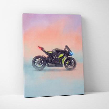 Ducati Panigale V4 lamborghini inspired sport bike wall art featuring black and neon green canvas print with glowing lights