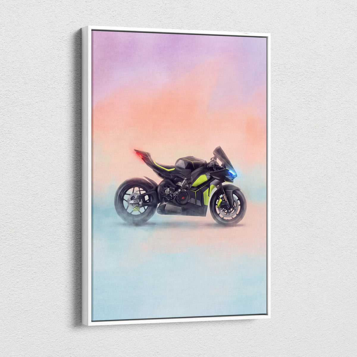 A sleek black and neon green ducati panigale v4 lamborghini inspired sport bike illustration on a pastel gradient background