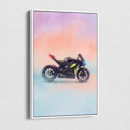 A sleek black and neon green ducati panigale v4 lamborghini inspired sport bike illustration on a pastel gradient background