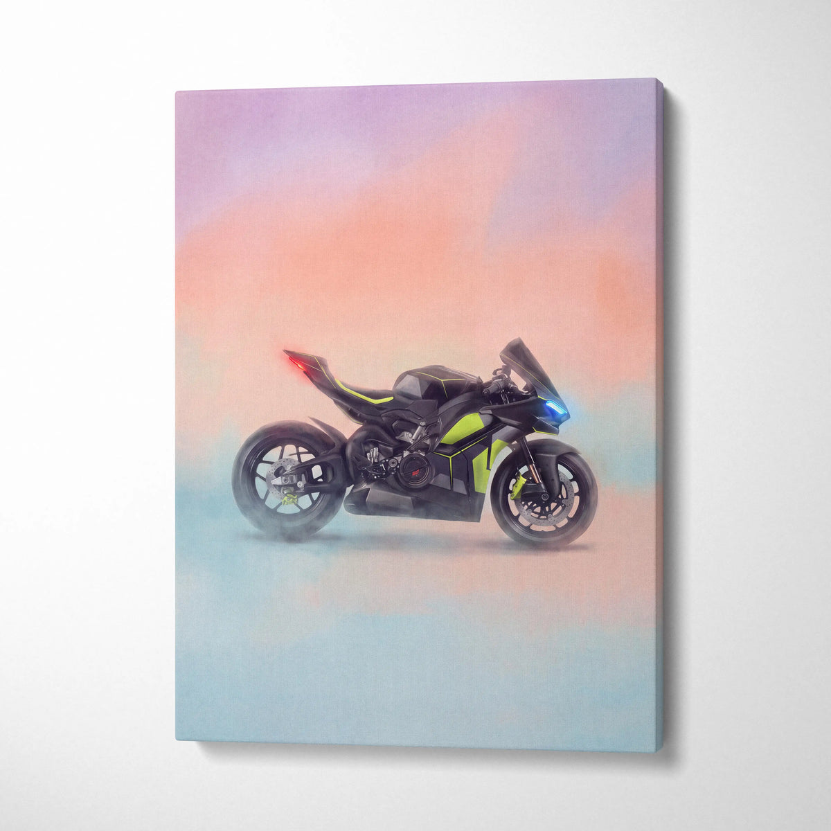 Ducati Panigale V4 Lamborghini inspired sport bike wall art featuring black neon green motorcycle with blue headlights on canvas