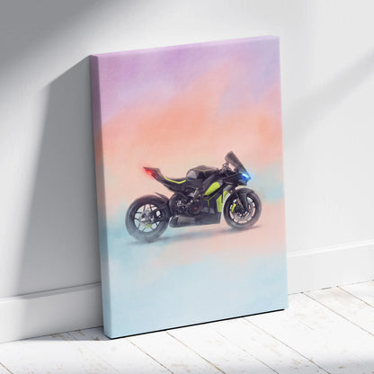 A sleek black and neon green Ducati Panigale V4 Lamborghini inspired sport bike wall art print on pastel background