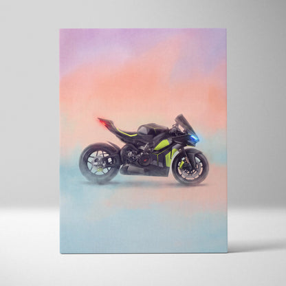 Ducati Panigale V4 Lamborghini inspired sport bike wall art featuring black and neon green motorcycle with blue headlights on canvas