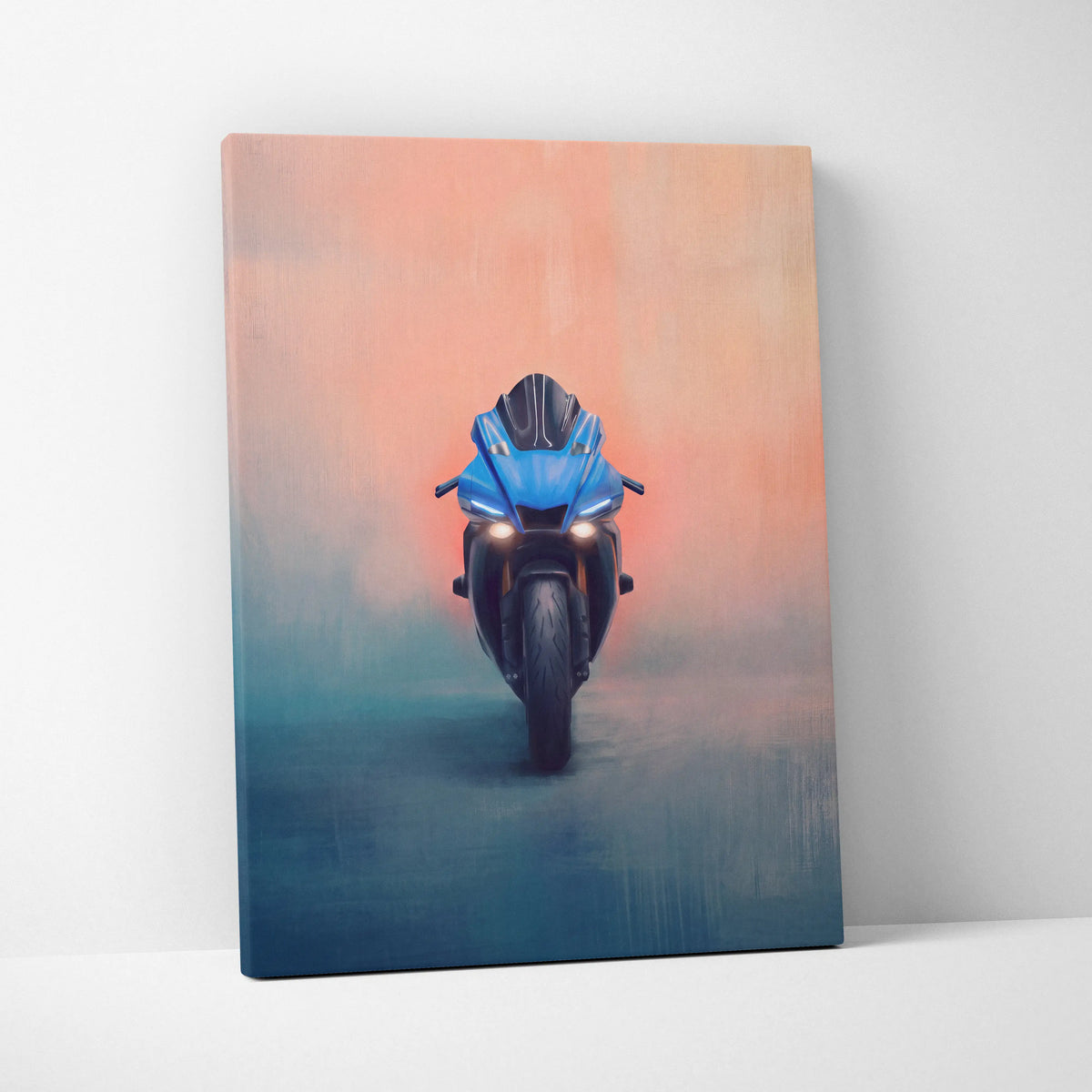 Yamaha R1 inspired supersport canvas print featuring a blue sport motorcycle with glowing headlights against sky backdrop