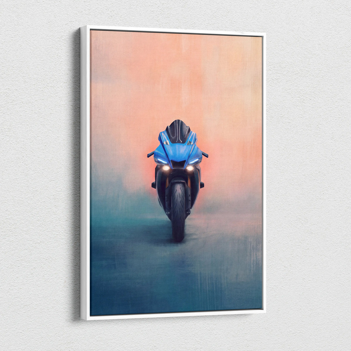 Blue yamaha r1 inspired supersport wall art featuring a glowing headlight superbike canvas for motorcycle decor