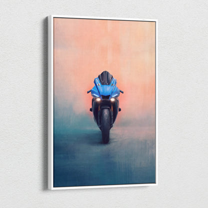 Blue yamaha r1 inspired supersport wall art featuring a glowing headlight superbike canvas for motorcycle decor