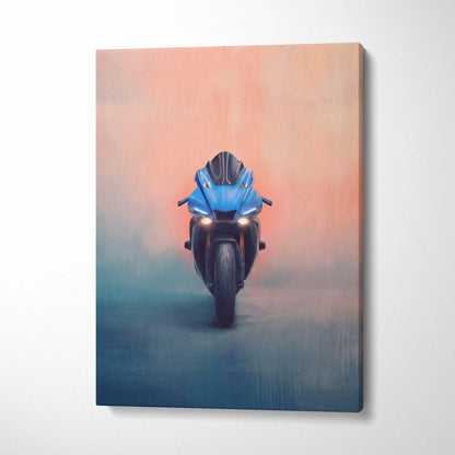 Yamaha R1 inspired supersport canvas print featuring a blue sport motorcycle with glowing headlights wall art