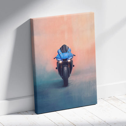Blue Yamaha R1 inspired supersport motorcycle wall art canvas print with glowing headlights against gradient sky background