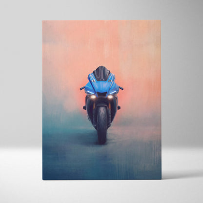 Blue Yamaha R1 inspired supersport wall art with black accents and glowing headlights on canvas for motorcycle decor