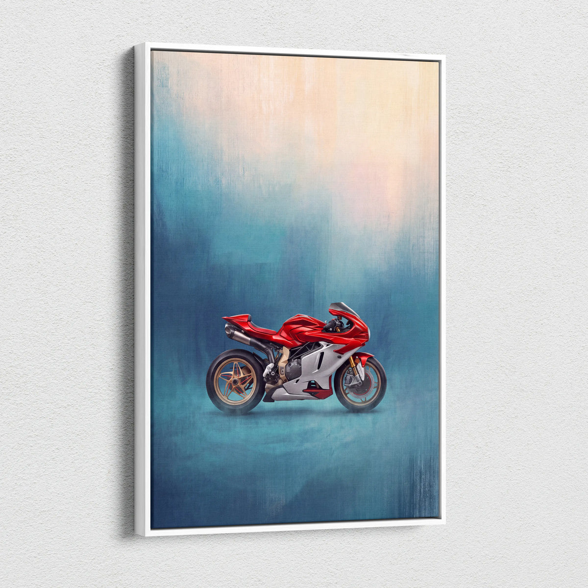 Red and silver ducati motorcycle artwork in white frame mv agusta superveloce inspired canvas art garage decor