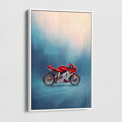Red and silver ducati motorcycle artwork in white frame mv agusta superveloce inspired canvas art garage decor