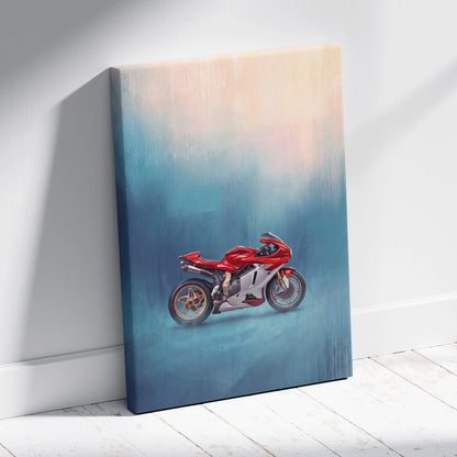 Red and silver ducati motorcycle printed on canvas wall art featuring mv agusta superveloce inspired design for garage decor