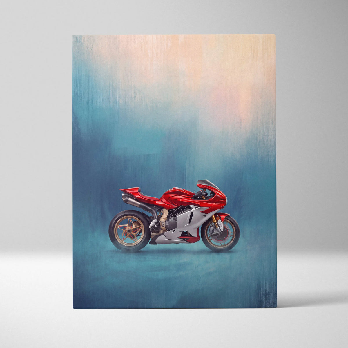 Mv agusta superveloce inspired canvas art featuring a red and white ducati motorcycle with metallic accents for garage decor