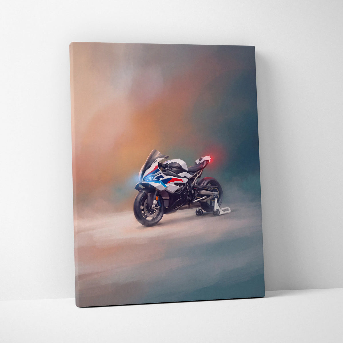 A modern canvas print of a BMW S1000RR inspired black white red racing bike with blue accents for garage decor