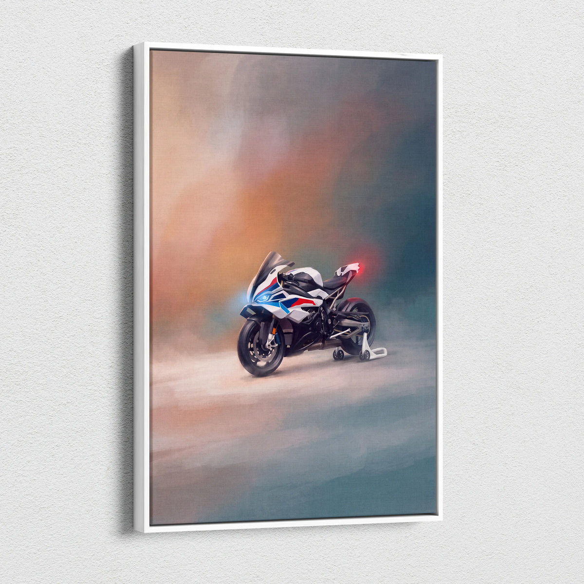 A framed canvas print of a white blue and red bmw s1000rr motorcycle with glowing lights for modern garage decor
