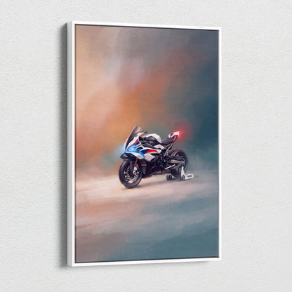 A framed canvas print of a white blue and red bmw s1000rr motorcycle with glowing lights for modern garage decor