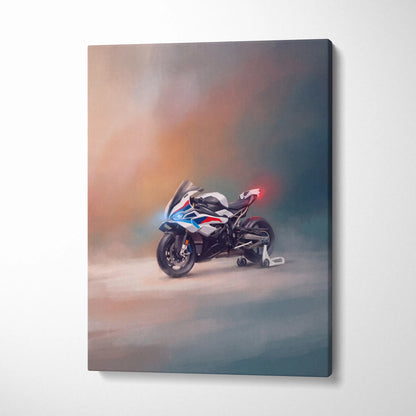 A sleek white blue and red bmw s1000rr inspired superbike canvas print for modern garage decor