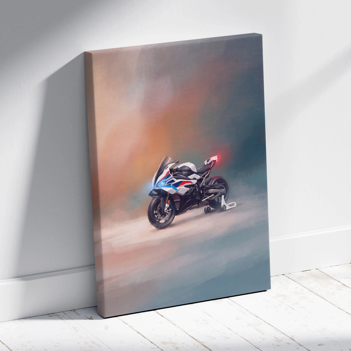 A canvas print of a sleek white and blue bmw s1000rr motorcycle with red accents for modern garage decor
