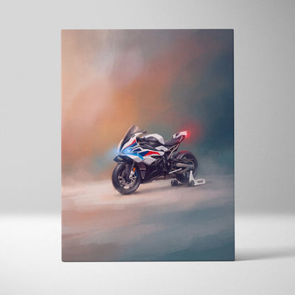BMW S1000RR inspired motorcycle wall art featuring white blue and red superbike canvas for modern garage decor