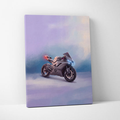 Gray yamaha yzf-r6 inspired sport motorcycle canvas print with glowing blue and red lights on purple gradient background