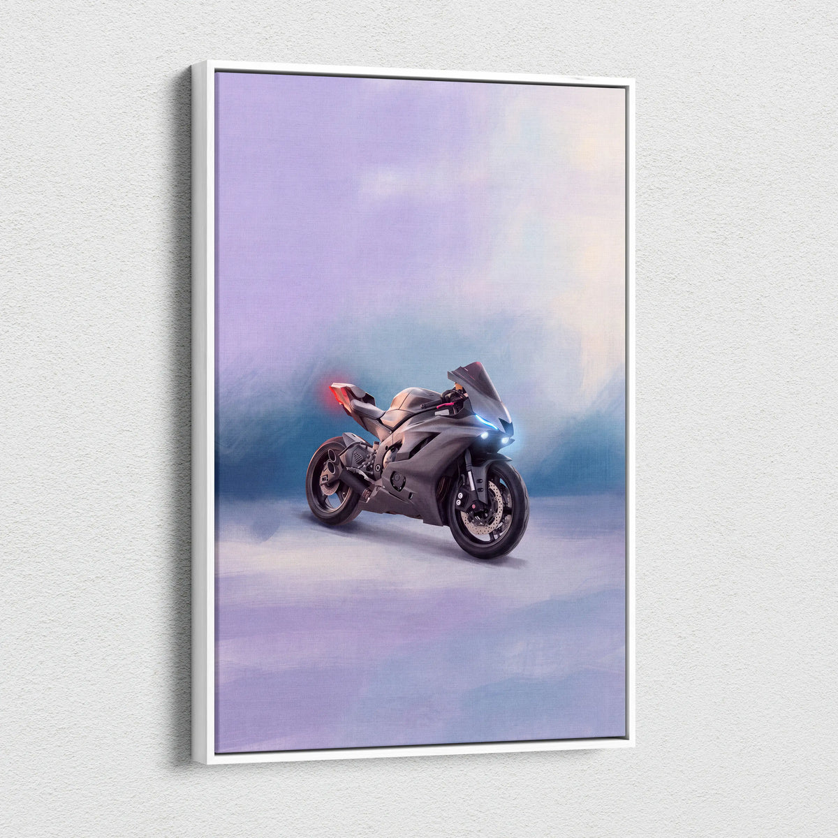 Gray Yamaha YZF-R6 inspired supersport wall art with glowing headlights and red taillight on purple blue gradient background
