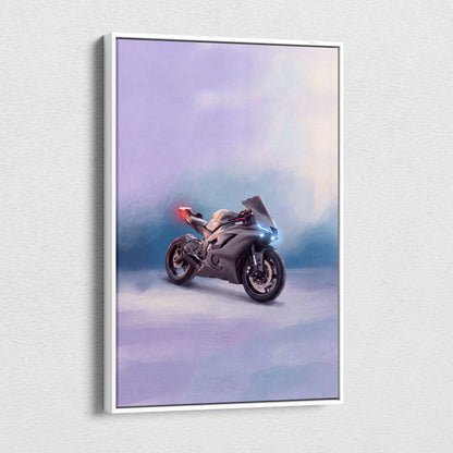 Gray Yamaha YZF-R6 inspired supersport wall art with glowing headlights and red taillight on purple blue gradient background